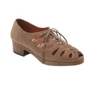 Jeffrey Campbell Tan Suede Spirit Lace Up Lasercut Block Heel Flats Size 8.5